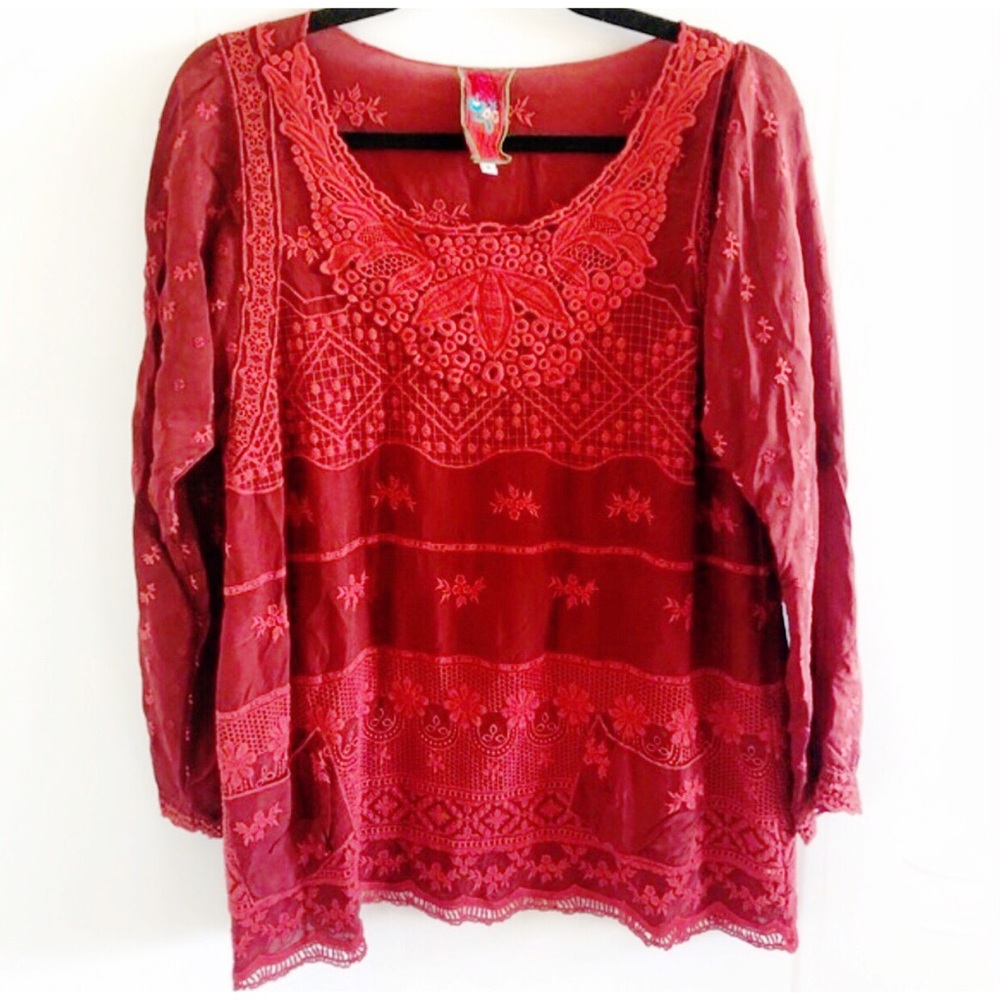 Johnny Was Red Floral Embroidered Boho Tunic Top
